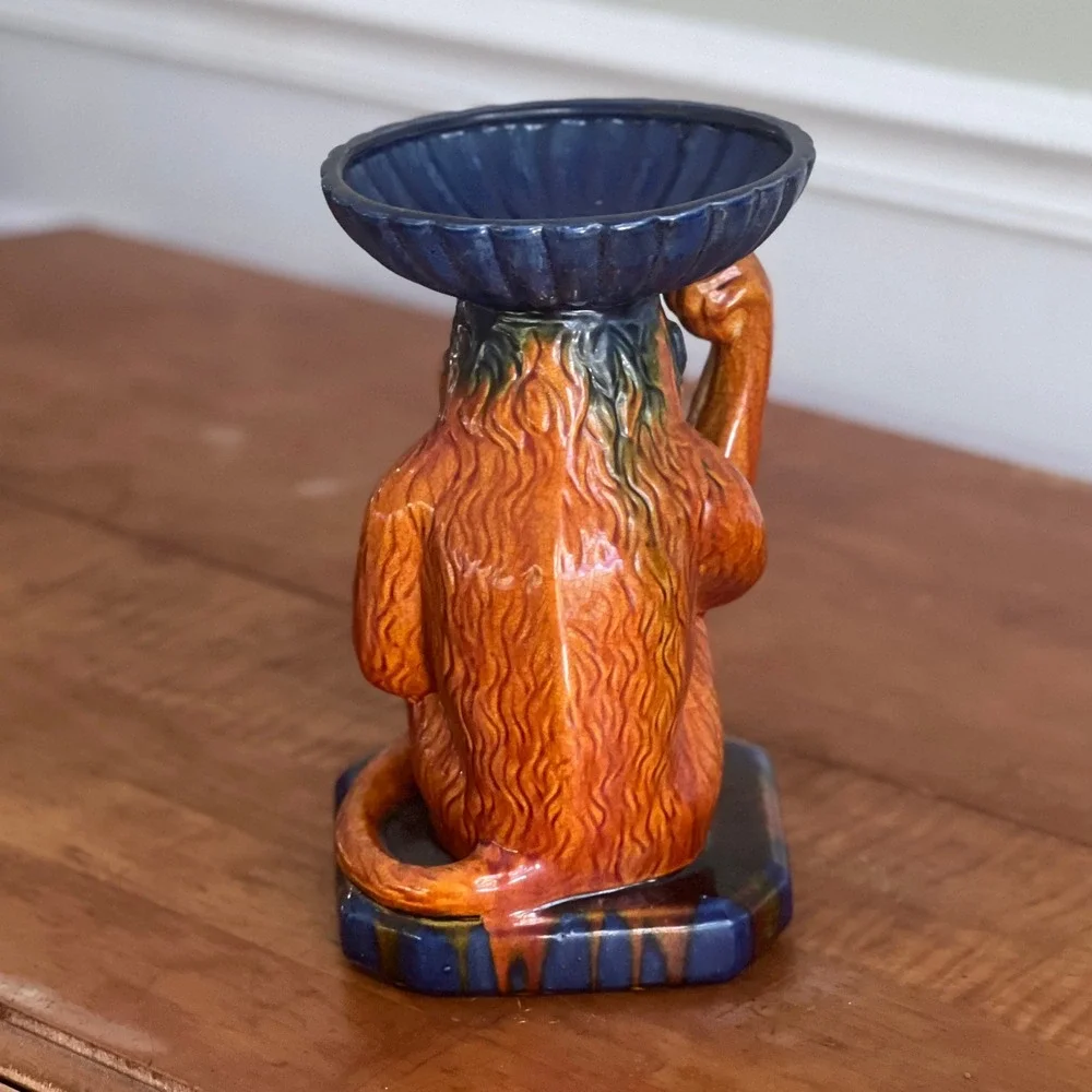 Majolica Monkey Figural Candle Holder Scalloped Bowl Blue Orange‎ Glazed Vintage